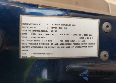 2000 Jeep Grand Cherokee Limited из США, поврежденный, VIN 1J4GW58N8YC210960